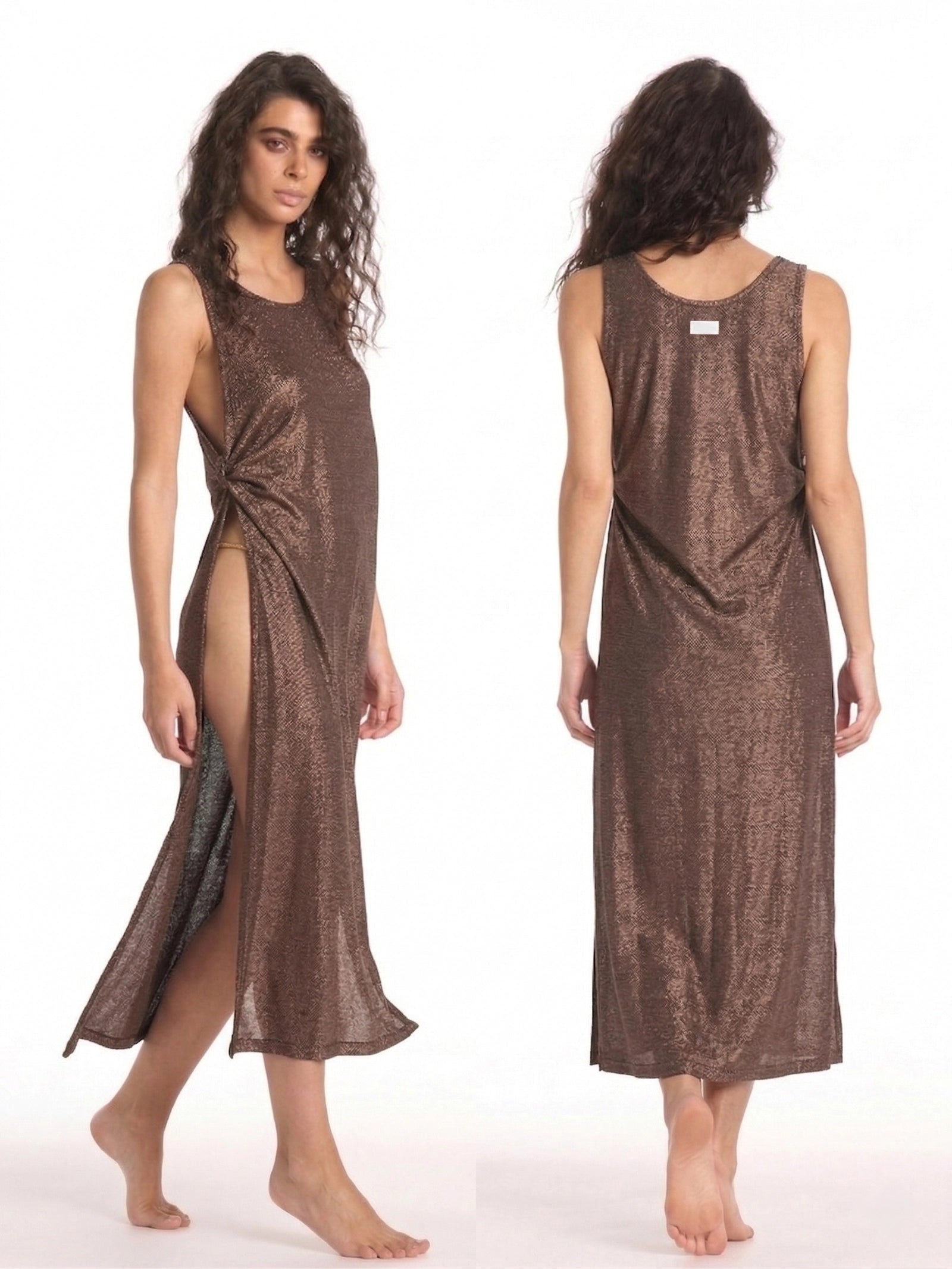 Simli bronz resort elbise ön ve arka görünüm birlikte ışıltılı Italian fabric kumaş ile şık ve lüks beachwear resort stil