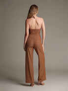 Saint Tropez ışıltılı maxi tulum bronz kahve arkadan görünüm zarif kesim Made in Italy kumaş ile premium beachwear ve resortwear stil