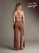 Saint Tropez ışıltılı pantolon bronz kahve arkadan görünüm zarif kesim Made in Italy kumaş ile premium beachwear ve resortwear stil