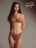 Saint Tropez ışıltılı örgü dokulu üçgen bikini bronz kahve önden görünüm parlak Italian fabric ile şık ve modern beachwear stil
