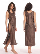 Simli bronz resort elbise ön ve arka görünüm birlikte ışıltılı Italian fabric kumaş ile şık ve lüks beachwear resort stil
