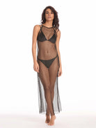Transparan uzun siyah cover up elbise önden görünüm hafif ve akışkan Italian fabric ile şık beachwear ve resort stil