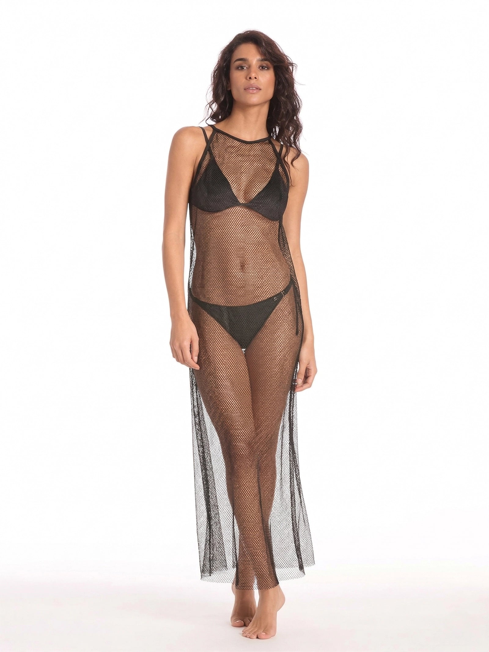 Transparan uzun siyah cover up elbise önden görünüm hafif ve akışkan Italian fabric ile şık beachwear ve resort stil